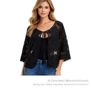 Crimson in Grace L/XL Black Appliqué Tassel Tie Sheer Jacket Boho Evening